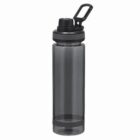 Clear black plastic water bottle with a screw-on lid and carrying handle, on a white background.