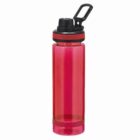 A red plastic water bottle with a black screw-on lid and a carrying handle.