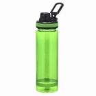 A green plastic water bottle with a black lid and carrying handle.
