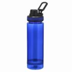 Blue plastic water bottle with a screw-on lid and a black carrying handle.