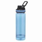 A blue plastic water bottle with a black lid and a carrying handle.