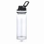 Clear water bottle with a black flip-top lid and carrying handle, standing upright.