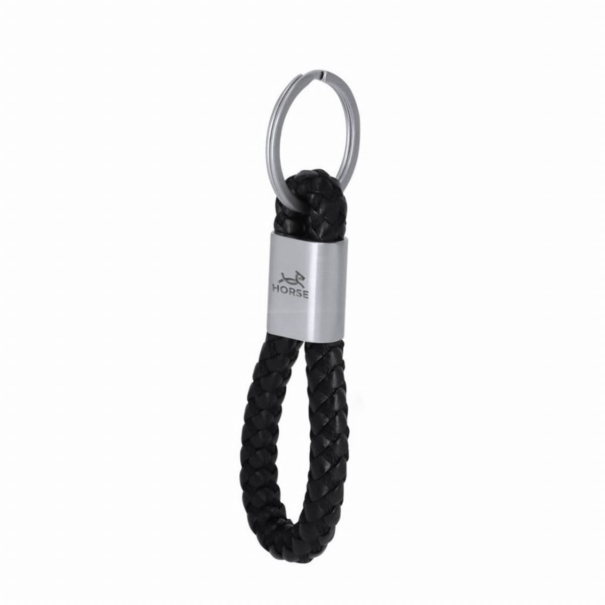 Black braided keychain with a silver metal ring and a HORSE logo engraved on the metal.