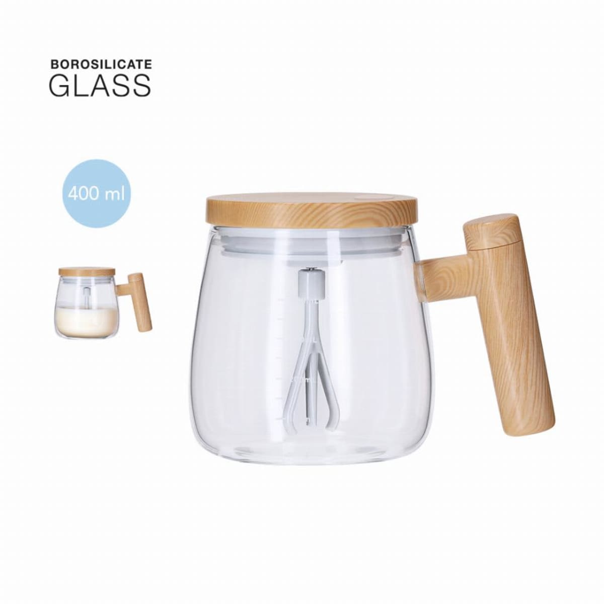 Clear glass milk frother with wooden handle and lid, 400 ml capacity, on white background.