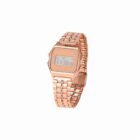 Rose gold digital wristwatch with a metal band displayed on a white background.