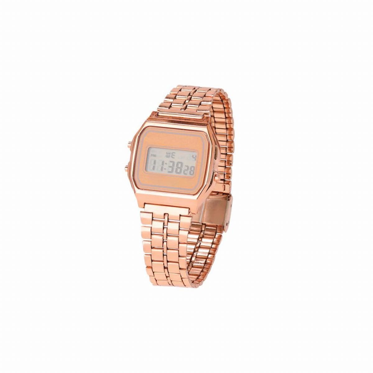 Rose gold digital wristwatch with a metal band displayed on a white background.