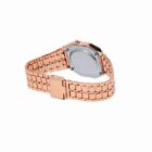 Rose gold wristwatch with a metal link band, shown from the back on a white background.