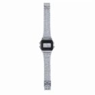 Silver digital wristwatch with a rectangular face and metal link band, displaying the time.