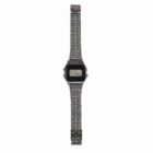 A silver digital wristwatch with a metal band displayed on a white background.