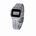 Silver digital wristwatch with a metal band displaying the time 11:38 on its screen.