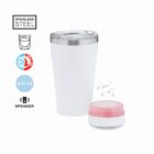 White stainless steel tumbler with lid and a small round speaker; 440 ml capacity.
