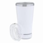 White insulated tumbler with a clear plastic lid placed beside it on a white background.