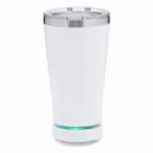 White travel tumbler with a clear lid and a speaker base with control buttons and a light.