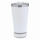 White travel tumbler with a clear lid and a metallic band near the base, isolated on white.