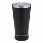 Black travel tumbler with a clear lid and a speaker at the base, shown on a white background.
