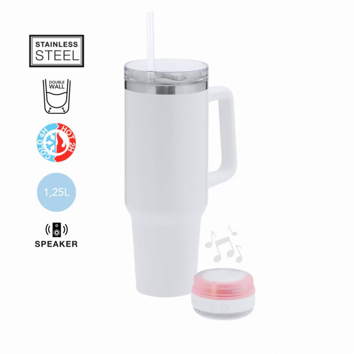 White travel tumbler with handle, clear lid, straw, and small round speaker beside it.