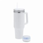 Tall white tumbler with a handle, clear lid with straw, and a separate round cap nearby.