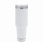 White tumbler cup with a clear lid and straw, against a plain white background.