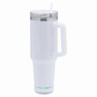 Tall white travel tumbler with a handle, clear lid, and straw on a white background.