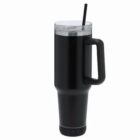 Tall black travel tumbler with handle, clear lid, and a straw against a white background.