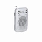 Silver portable AM/FM radio with speaker, tuning dial, and small antenna on top.