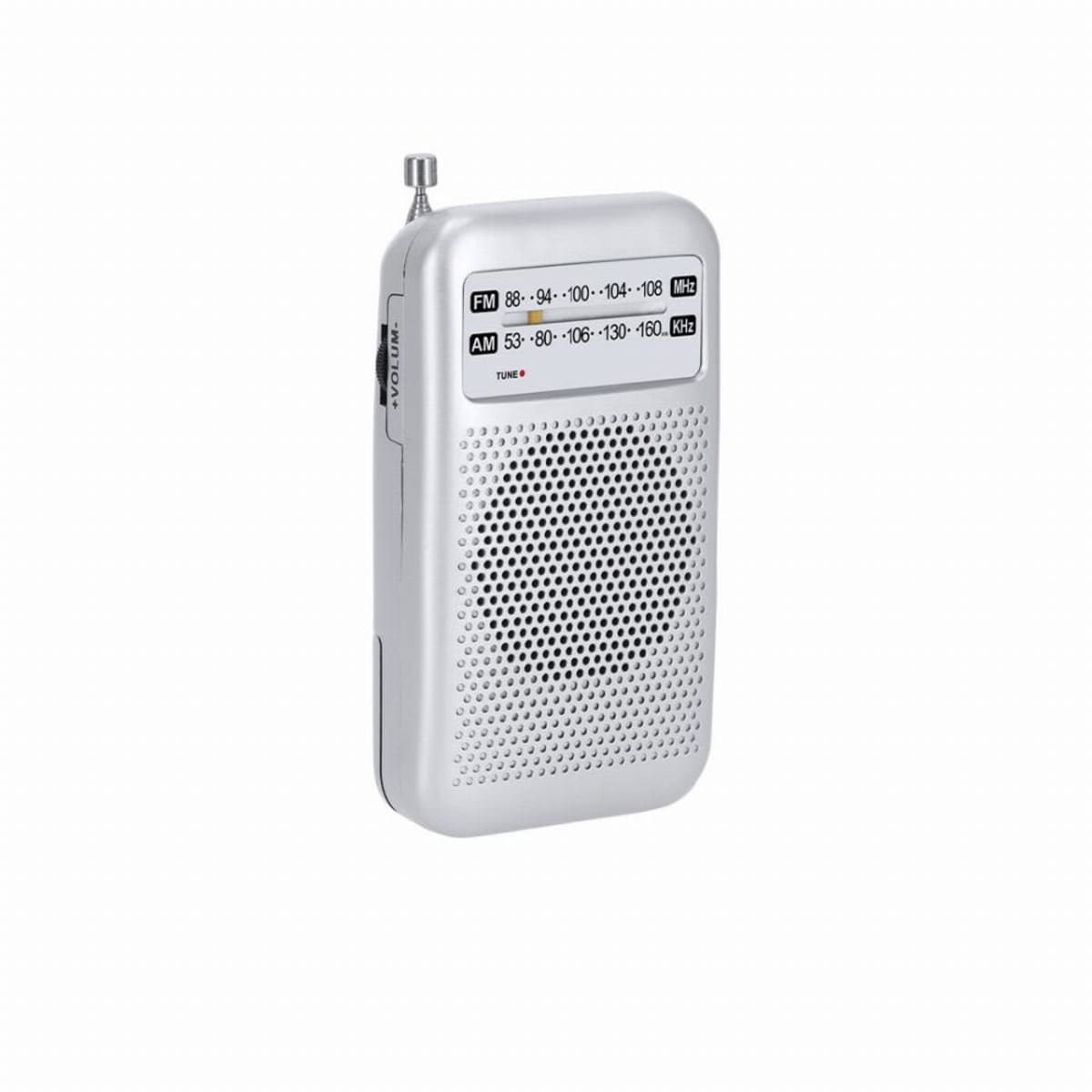 Silver portable AM/FM radio with speaker, tuning dial, and small antenna on top.