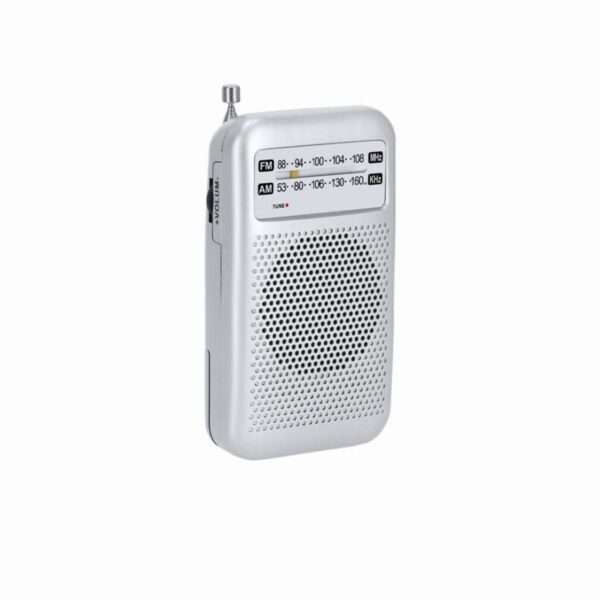 Silver portable AM/FM radio with speaker, antenna, and tuning dial on a white background.