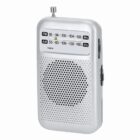 Silver portable AM/FM radio with speaker, tuning knob, and antenna extended at the top.