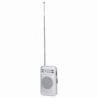 A small white portable radio with a long extended antenna.