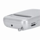 Silver portable radio with a headphone jack, volume slider, and retractable antenna.