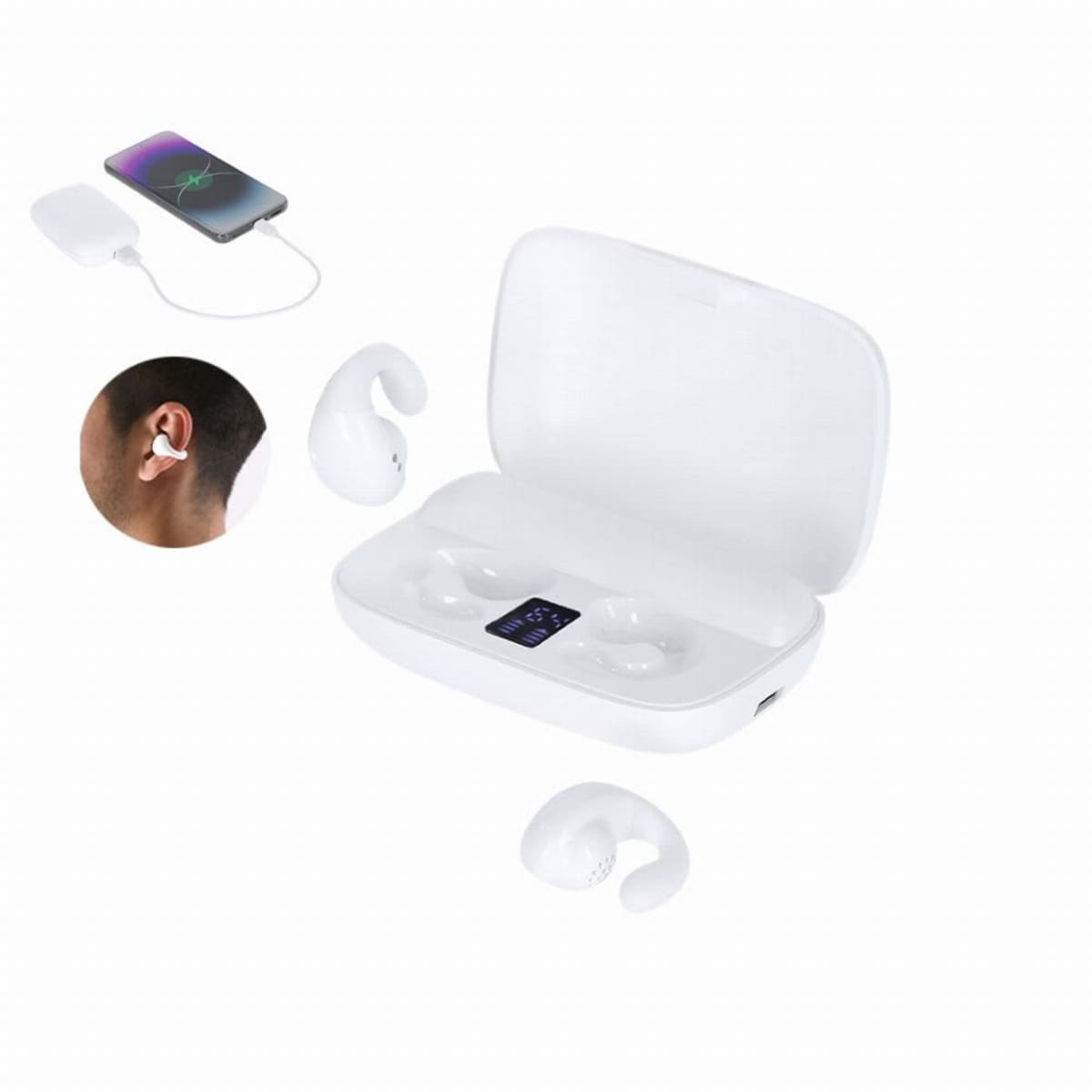 White wireless earbuds with charging case, ear hooks, and a phone charging via USB.
