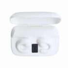 White wireless earbuds in a charging case with a digital display, viewed from above.