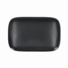 A plain, rectangular black plate with rounded edges on a white background.
