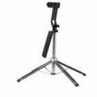 Black and silver foldable tripod stand with adjustable smartphone holder on white background.