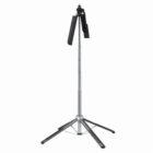 A collapsible tripod stand with adjustable legs and a phone holder on top.