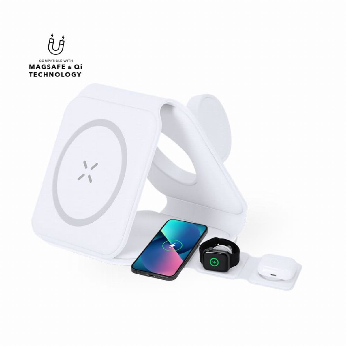 White 3-in-1 wireless charger with phone, smartwatch, and earbuds placed on charging pads.