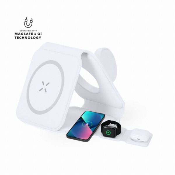 White foldable wireless charging stand with phone, smartwatch, and earbuds on it.