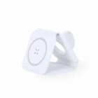 White foldable phone stand with a circular pattern on its front, placed on a white background.