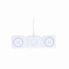 White triple wireless charging pad with a connected cable on a plain white background.