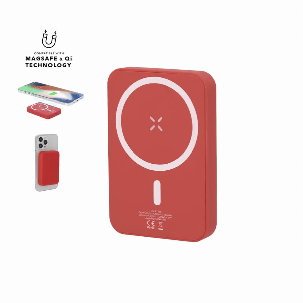Red MagSafe-compatible wireless charger with phone and attachment examples shown.