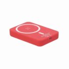Red rectangular wireless charging power bank with circular charging symbol and USB port.