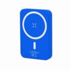 Blue rectangular wireless charger with a white circular design on the front.