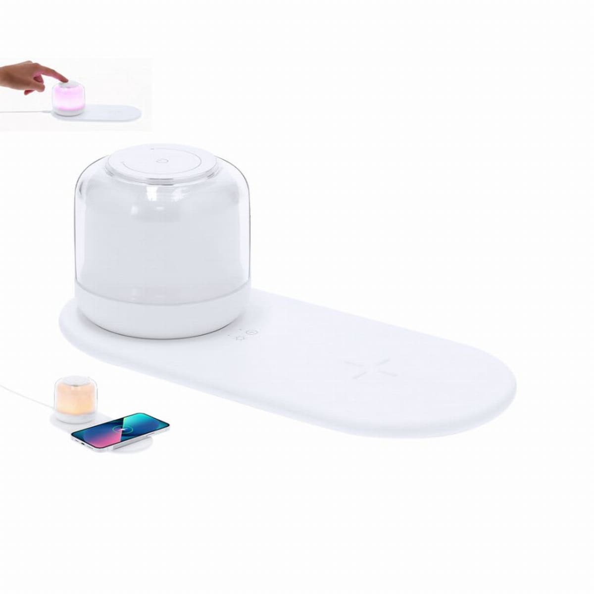 White wireless charging pad with a glass diffuser; a phone is charging beside it.