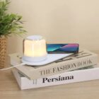 A small lamp and phone on books titled THE FASHION BOOK and Persiana by a plant.