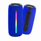 Two blue portable Bluetooth speakers, one showing rainbow LED light, the other controls.