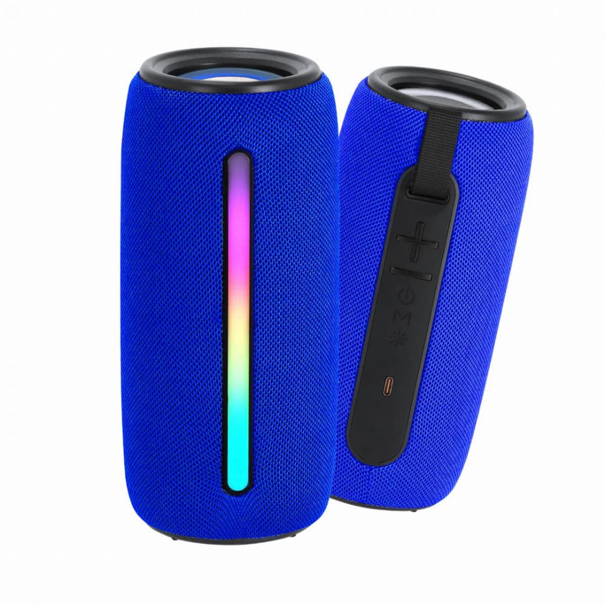 Two blue portable Bluetooth speakers, one showing rainbow LED light, the other controls.