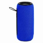 A portable blue wireless Bluetooth speaker with a black top and bottom.