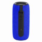 Blue portable Bluetooth speaker with black control panel and fabric cover.