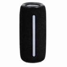 Black cylindrical portable Bluetooth speaker with a vertical light strip on the front.