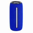 A blue cylindrical portable Bluetooth speaker with a vertical light strip on the front.